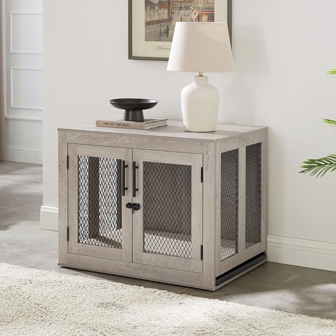 unipaws 30 Inch Dog Crate Furniture, Wooden Dog Kennel for Small Breeds, Indoor Decorative Wood Dog Cage, Inside Side End Table Crate with Removable Tray and Cushion Bed, Puppy Enclosure