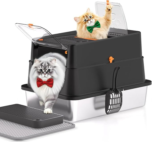 Stainless Steel Cat Litter Box, XL Enclosed Cat Litter Box with Lid, Easy to Clean High-Sided Metal Kitty with Top Entry, Scoop, Mat, Brush & Foot Pedal