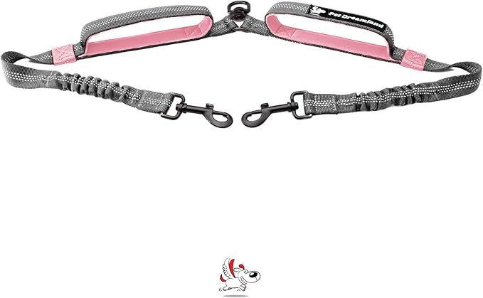 Pet Dreamland Exquisite Dual Dog Coupler for Medium Dogs. Trending Double Dog Leash Attachment with Tangle-Free Swivel. You Will Absolutely Love This Amazing Gear for 2 Dogs (Dark Grey & Pink)