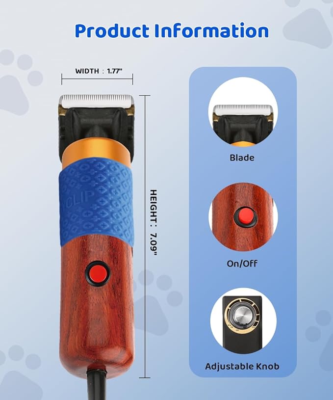 200W Professional Dog Grooming Clippers with Stepless Speed Control, Low Noise <50dB Pet Hair Trimmer Kit, Solid Wood Handle, 2 Blades, Dual-Sided Guide Combs, Heavy-Duty Plug-in Clippers for Cats