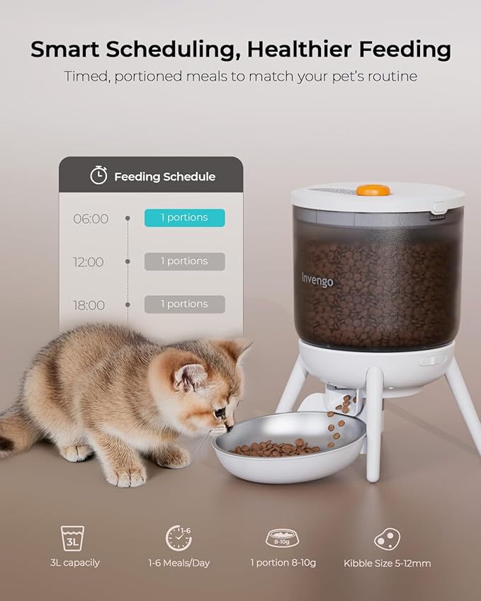 Automatic Cat Feeder, 3L Timed Pet Feeder for Cats & Small Dogs, Dual Power USB & Battery, Clear Hopper, Easy-Clean, Dry Food & Kibble, Up to 6 Meals Daily