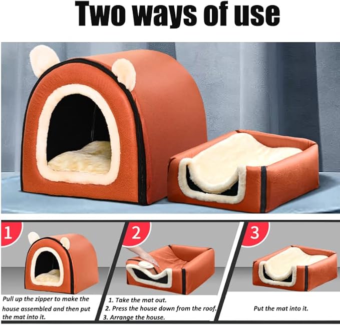 Dog Bed or Cat Bed,2 Ways to Use,Indoor Pet House with Fluffy Mat,Removable and Washable Cover,Splash-Proof House and Non-Slip Bottom,for Cats and Small Dogs(M Star)