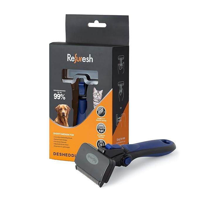 Deshedding Dog Brush for Short/Medium Hair (Medium,Blue) – Gentle Deshedding Tool for Dogs & Cats – Reduces Shedding, Without damaging Topcoat. Removes Loose Fur & Dead Undercoat.