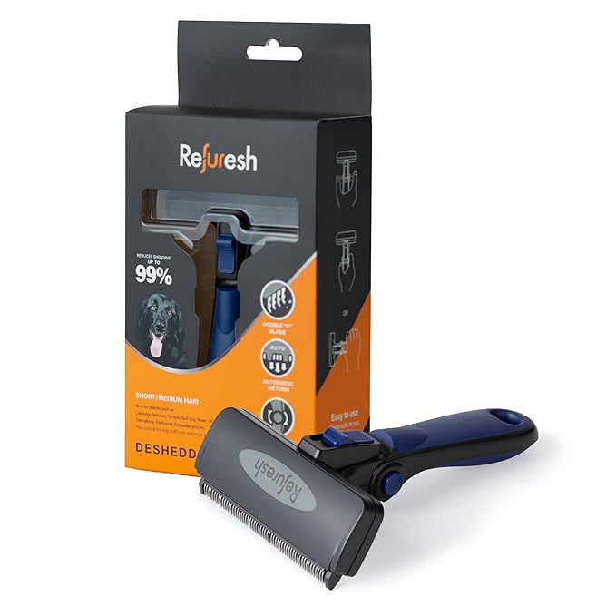 Deshedding Dog Brush for Short/Medium Hair (Large,Blue) – Gentle Deshedding tool for Dogs & Cats – Reduces shedding, without damaging topcoat. Removes Loose Fur & Dead Undercoat.