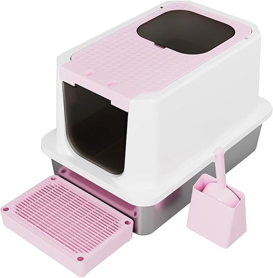 RIZZARI Enclosed Cat Litter Box:Stainless Steel Large Top-Entry & Front-Entry Design with Odor Control - High-Sided Pink Litter Pan for Easy Clean Multi-Cat Homes - for Apartments - Hallways