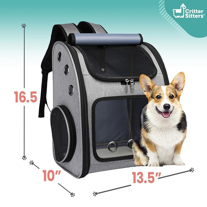 Critter Sitters Grey Pet Backpack for Small Dogs, Cats with Scratch Resistant Breathable Mesh Windows, Airline Carry-On Approved, Safety Leash, Pockets, Durable Transporation for Animals