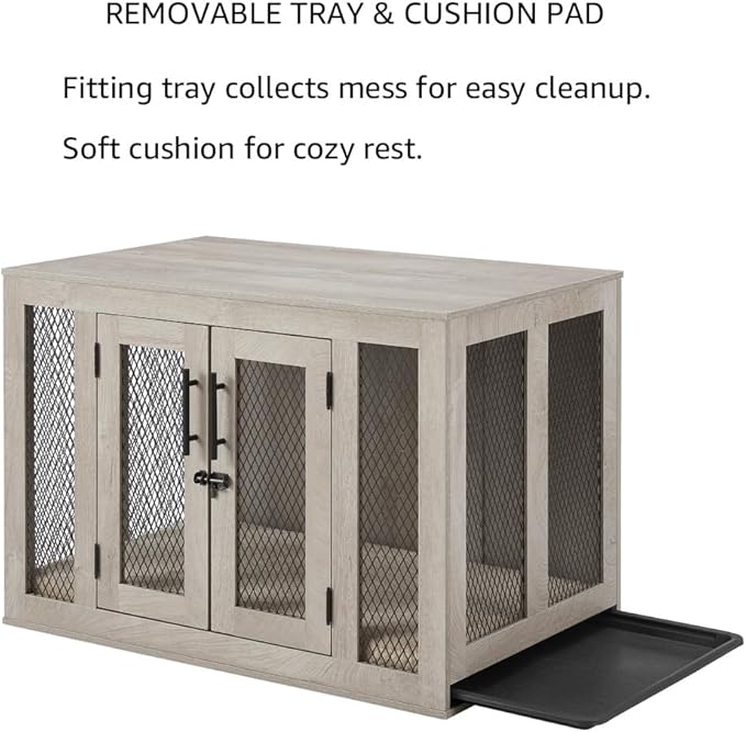 unipaws Furniture Style Dog Crate with Cushion and Tray, Mesh Dog Kennels with Double Doors, End Table Dog House, Medium Crate Indoor Use, Chew-Proof