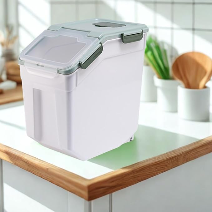 Large Flour Storage Container Bin 25lb, 4 Pack Airtight Rice Storage Containers with Wheels Seal Locking Lid, BPA Free, with Measuring Cup |Scoop, for Beans, Sugar, Grain, Dry Food - Green