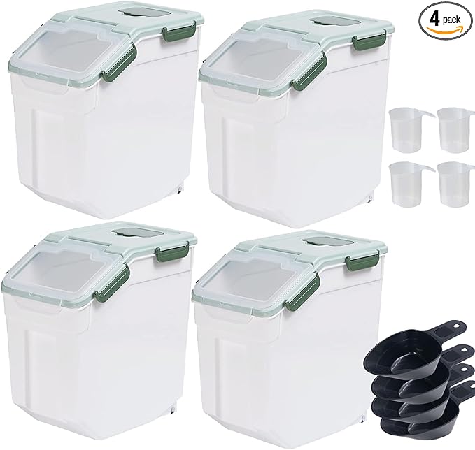 Large Flour Storage Container Bin 25lb, 4 Pack Airtight Rice Storage Containers with Wheels Seal Locking Lid, BPA Free, with Measuring Cup |Scoop, for Beans, Sugar, Grain, Dry Food - Green
