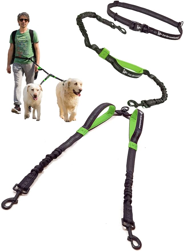 Pet Dreamland Exquisite Hands Free Leash for Two Large Dogs. Premium Quality & Versatile Waist Leash for Dog Walking No Tangle. You Will Absolutely Love This Amazing 2 Dog Gear (Black & Green)