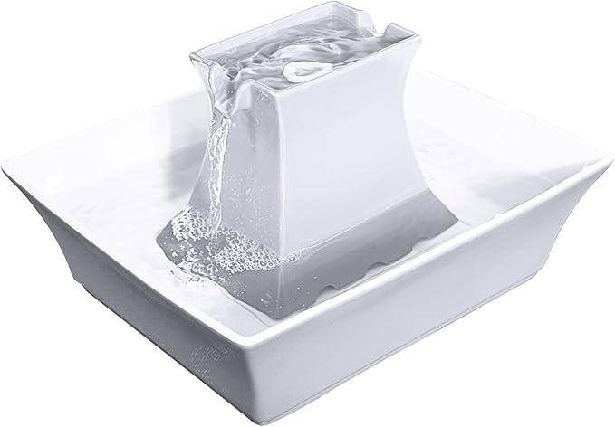 PetSafe Drinkwell Pagoda Fountain - Hygienic Ceramic Continuous Flowing Fountain - Elevated Upper Bowl & Double Free-Falling Stream Design - Minimalist Pet Hydration Station - 70 oz Capacity
