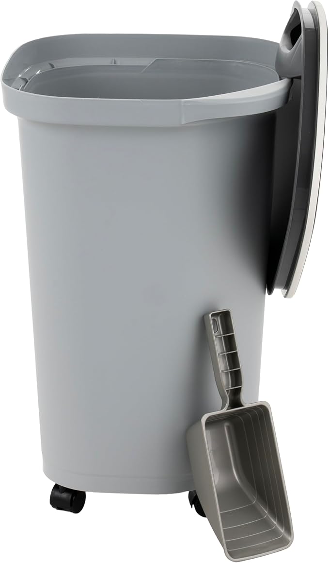 IRIS USA Pet Food Storage Container 25 lbs, Premium 60% Improved Airtight Seal with Air Valve, 2 Cup Scoop, Removable Wheels, Easy to Open - Made in the USA, Gray