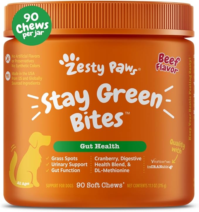 Zesty Paws Stay Green Bites for Dogs - Grass Burn Soft Chews for Lawn Spots Caused by Dog Urine - with Cranberry for Urinary Tract & Bladder - Beef - 90 Count