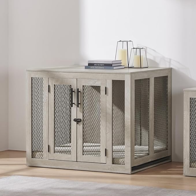 unipaws 38.5 Inch Large Dog Crate Furniture, Wooden Dog Kennel for Large Breed, Indoor Decorative Wood Dog Cage, Inside Side End Table Crate with Tray and Dog Bed, Dog Enclosure