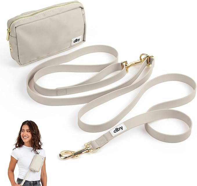 elby - Hands Free Dog Leash with Treat Pouch - Cross Body and Waist - Training Leash with Fanny Pack - Dog Walking Accessories and Walking Essentials - for Medium and Large Dogs (Beige, Regular)