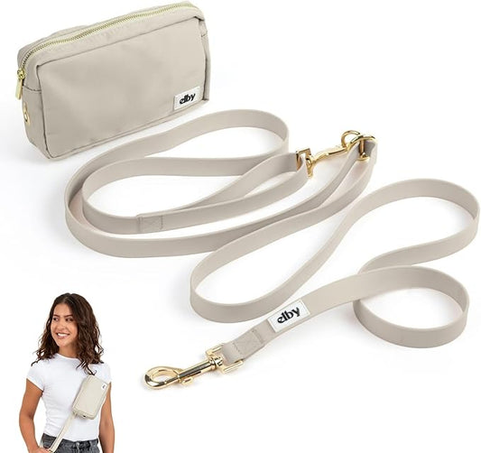 elby - Hands Free Dog Leash with Treat Pouch - Cross Body and Waist - Training Leash with Fanny Pack - Dog Walking Accessories and Walking Essentials - for Medium and Large Dogs (Beige, Regular)