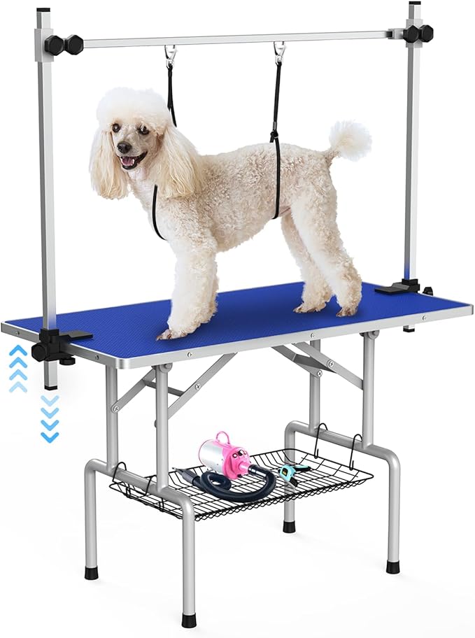 Lyromix 42''Large Dog Grooming Table, Adjustable Cat Drying Desktop with Arms, Nooses, Mesh Tray, Foldable Pet Station at Home, Maximum Capacity Up to 330Lb, 42inch, Blue