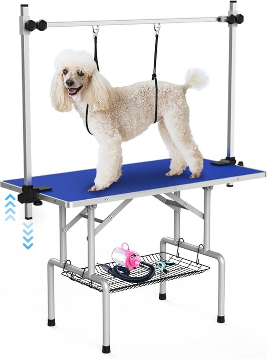 Lyromix 42''Large Dog Grooming Table, Adjustable Cat Drying Desktop with Arms, Nooses, Mesh Tray, Foldable Pet Station at Home, Maximum Capacity Up to 330Lb, 42inch, Blue