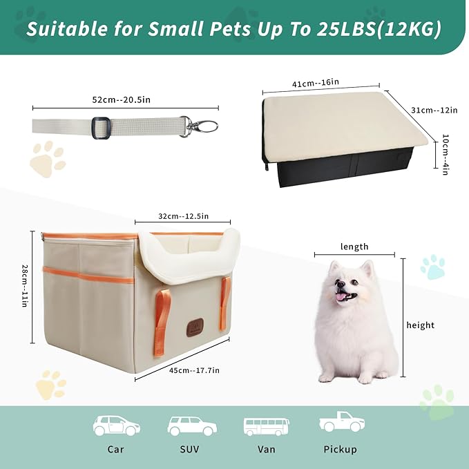 Dog Car Seat for Small Dogs, Fuzzy Dog Car Seat Stable, Waterproof, Foldable with Clip-On Safety Leash, Pet Booster Seat Suitable for Front and Rear Seats (Khaki1-25lbs)
