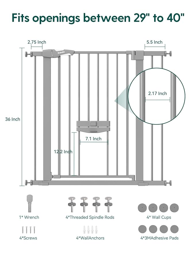 BABELIO 36 Inch Extra Tall Baby Gate with Cat Door, 29-40" Metal Pet Door for Stairs, Doorways, House, Auto Close, Easy Walk Thru, Gray