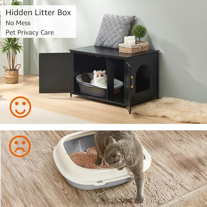 unipaws Black Top Opening Cat Litter Box Enclosure, Flip Top XL Extra Large Cat Box Furniture, Friendly to Elderly People, High Jumbo Automatic Litter Box Cover Hidden for Large Cat