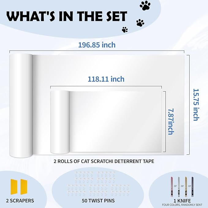 Cat Scratch Furniture Protector Set, Single-Sided Couch Protector from Cats Claws, Cat Anti Scratch for Furniture, Cats Scratching, Couch, 2 Rolls(196.8"X15.8" + 118.1"X7.9") with 50 Twist Pins