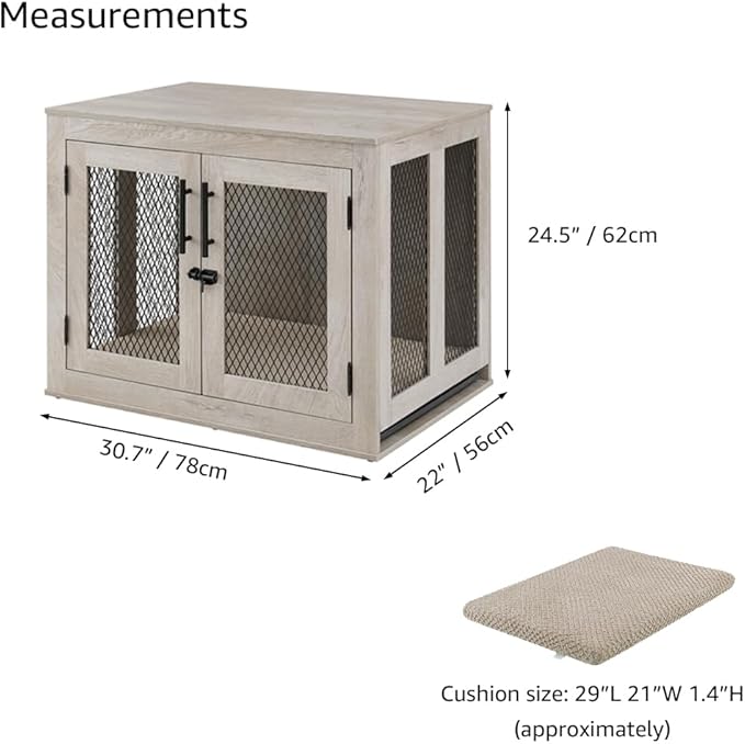unipaws 30 Inch Dog Crate Furniture, Wooden Dog Kennel for Small Breeds, Indoor Decorative Wood Dog Cage, Inside Side End Table Crate with Removable Tray and Cushion Bed, Puppy Enclosure