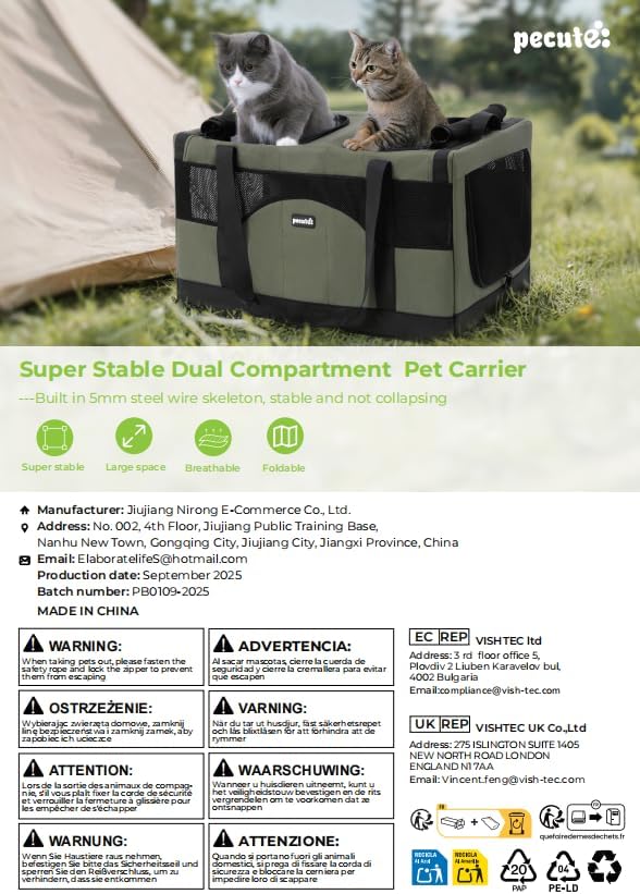 Pecute Cat Carrier for 2 Cats,Dual Cabin Multi Cat Travel Carrier with Removable Divider and Sturdy Frame,Collapsible,Soft,can Hold 20lbs+ for 2 Small Kitten,Medium Dog,Extra Large for Travel,Green