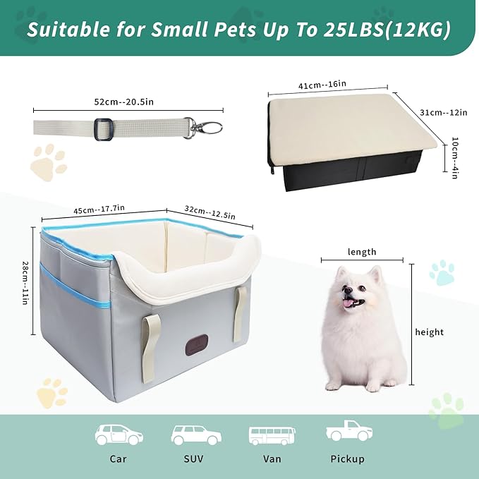 Dog Car Seat for Small Dogs, Fuzzy Dog Car Seat Stable, Waterproof, Foldable with Clip-On Safety Leash, Pet Booster Seat Suitable for Front and Rear Seats (Light Gray1-25lbs)