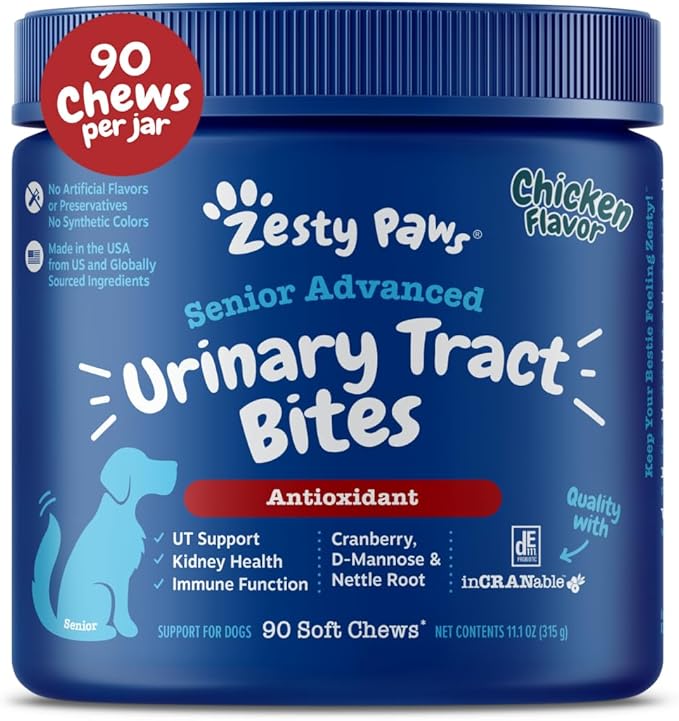 Zesty Paws Senior Cranberry Supplement for Dogs - Bladder Control for Senior Dogs - Urinary Tract Support - Cranberry Chews - Immune & Gut Support - Chicken - 90 Count