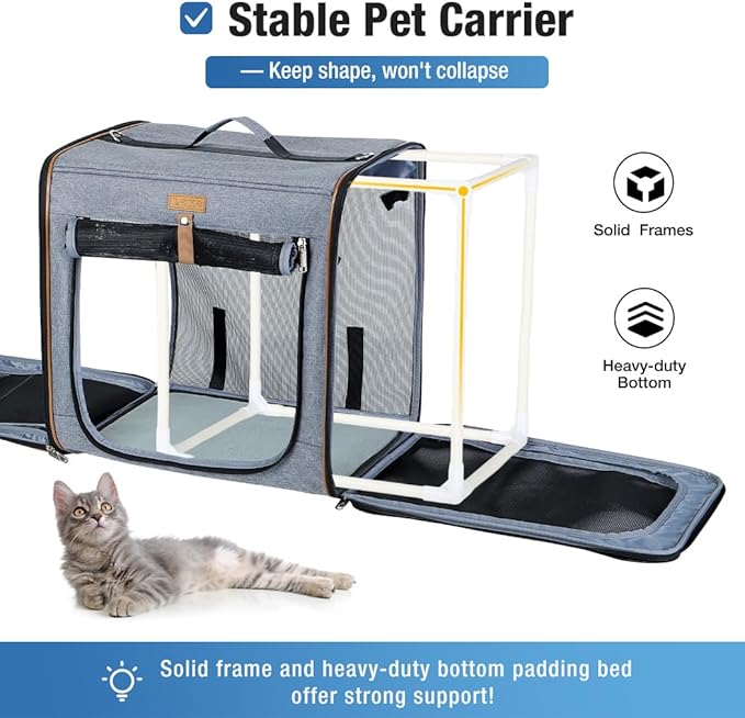 Lekereise 2-in-1 Cat Travel Carrier with Litter Box, (20.85" x2) x19.7"x19.7" Large Cat Carrier with Zipper Locks for Moving Across The Country (No Hammock) - Grey