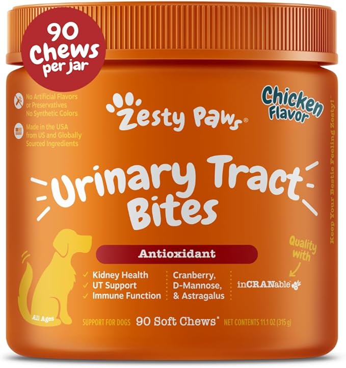 Zesty Paws Cranberry Supplement for Dogs - Bladder Control for Dogs - Urinary Tract Support - Cranberry Chews - Immune & Gut Support - Chicken - 90 Count
