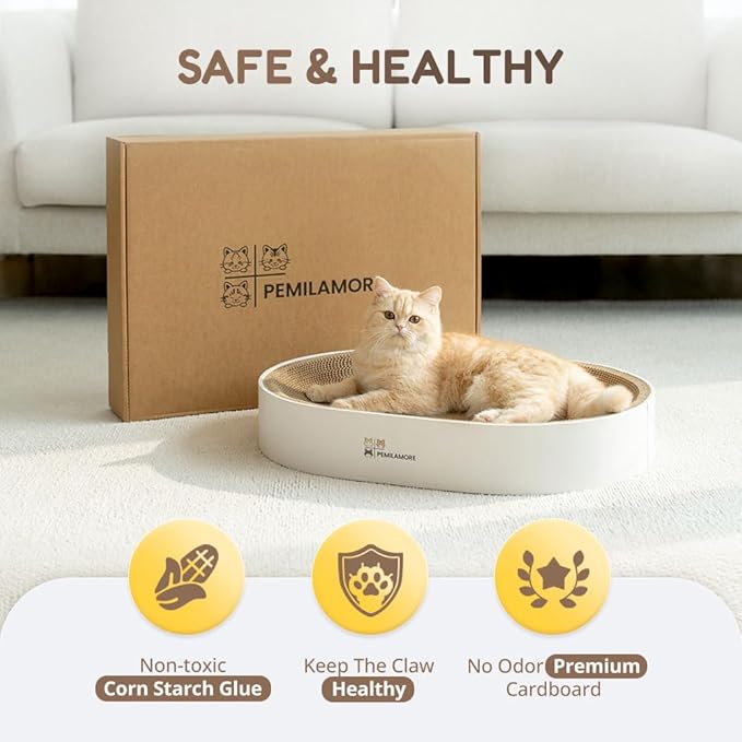 Cat Scratcher Cardboard Bed for Indoor Cats – Large (24.4x17.7x3.9in), Lounger, Round, Reversible, Durable, Protects Furniture, Cat Bowl & Scratching Pad, Safe with Cornstarch Glue