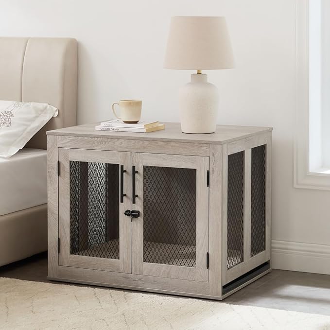 unipaws 30 Inch Dog Crate Furniture, Wooden Dog Kennel for Small Breeds, Indoor Decorative Wood Dog Cage, Inside Side End Table Crate with Removable Tray and Cushion Bed, Puppy Enclosure