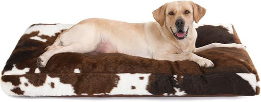 Bedfolks Plush Waterproof Dog Crate Bed, Faux Fur Kennel Pad for Extra Large Dogs, Removable Washable Cover, 41"x27", Cow Print