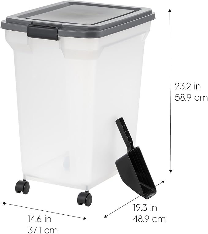 IRIS USA Dog Food Storage Container 40 lbs, Attachable Wheels, & Included Scoop, for Dog Cat Birds and other Pets, Food Storage Bin, Keep Fresh, Easy Mobility, BPA Free - Made in the USA, Dark Gray