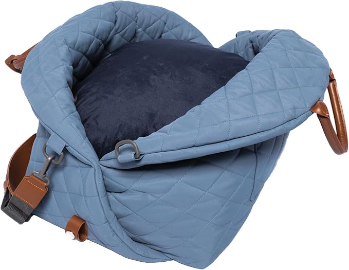 4 Cats & Dogs Mew Mew Travel Pet Bed – Soft Carrier for Small Dogs & Cats, Water-Resistant Quilted Shell, Adjustable Belts for Car Travel, Anti-Slip Bottom, Portable Pet Bed & Travel Bag - Blue Steel