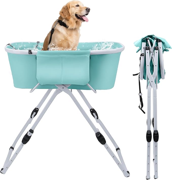 Dog Bathtub, Portable & Elevated Dog Bath Tub with Adjustable Height, Foldable Design for Easy Storage, Ideal for Small to Large Dogs, Indoor & Outdoor Use, Green