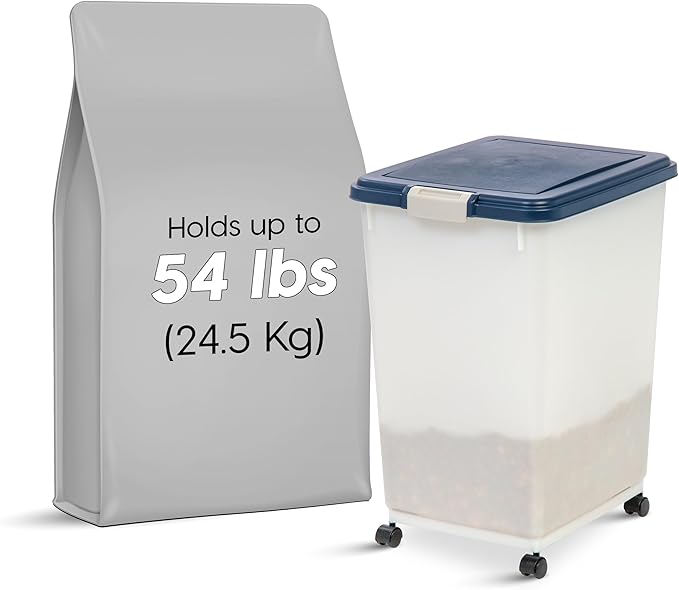 IRIS USA Airtight Pet Food Storage Container, Up to 54 lbs, Attachable Wheels, For Dog Cat Bird and Other Pet Food Storage Bin, Keep Fresh, Easy Mobility, BPA Free, Navy/Pearl