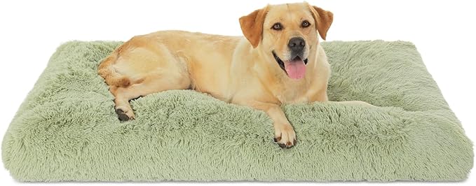 Bedfolks Waterproof Crate Bed, Plush Dog Kennel Pad with Removable Cover, Faux Fur, Washable, 41"x27", Sage Green