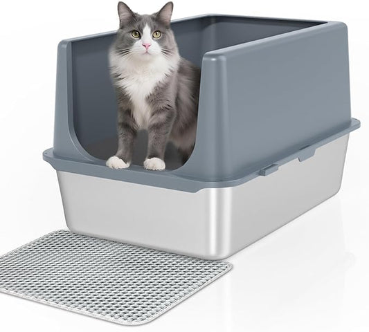 LIHONG Stainless Steel Cat Litter Box, XL Metal with Lid, Cat Litter Pan for Large Cats, Non-Sticky Large Kitty Litter Box, Anti-Leakage, 23.5" X 15.5" X 14" XXL