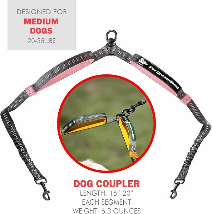 Pet Dreamland Exquisite Dual Dog Coupler for Medium Dogs. Trending Double Dog Leash Attachment with Tangle-Free Swivel. You Will Absolutely Love This Amazing Gear for 2 Dogs (Dark Grey & Pink)