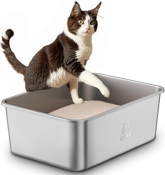 Stainless Steel Litter Box, Large Cat Litter Box with High Sides, Odor-Free, Non-Stick, Easy to Clean, 19.5"×13.6"×7.8", Ideal for Medium to Large Cats, Litter Tray