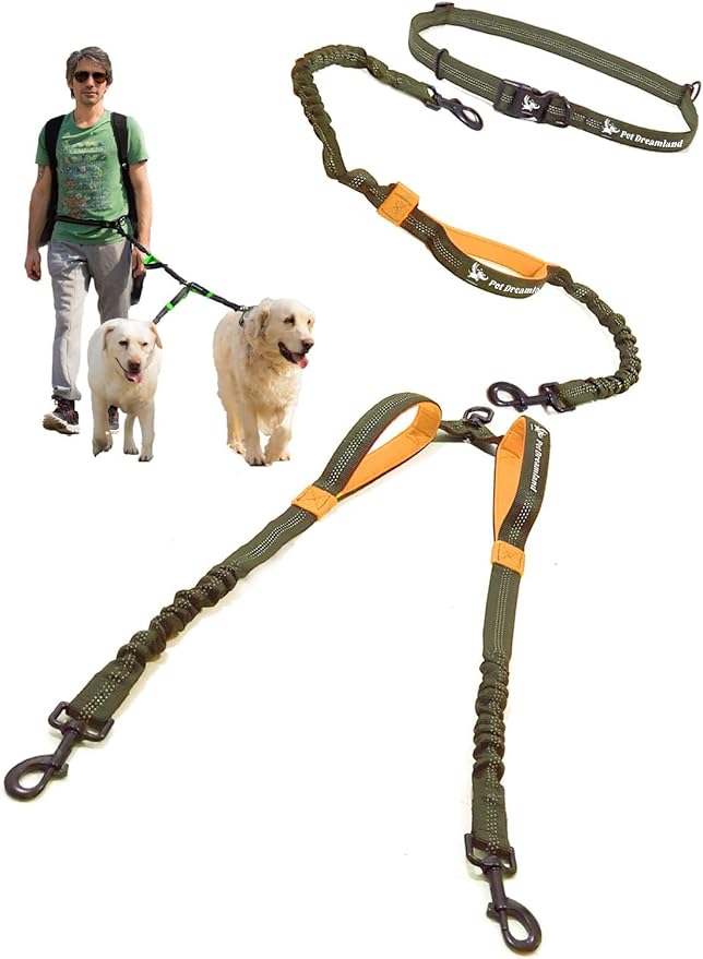 Pet Dreamland Exquisite Hands Free Double Dog Leash for Two Dogs with Tangle-Free Swivel. Premium Quality & Versatile for Running. You Will Absolutely Love This Amazing Waist Leash (Khaki & Orange)