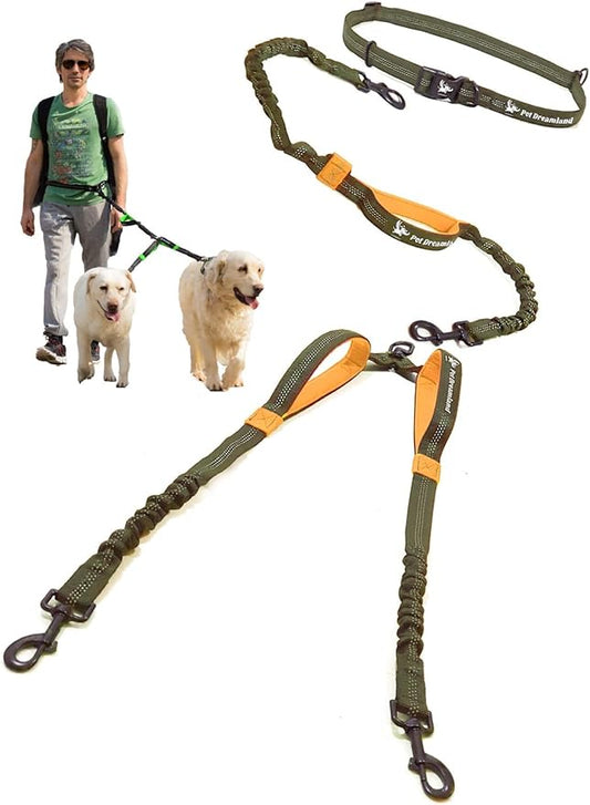 Pet Dreamland Exquisite Hands Free Double Dog Leash for Two Dogs with Tangle-Free Swivel. Premium Quality & Versatile for Running. You Will Absolutely Love This Amazing Waist Leash (Khaki & Orange)