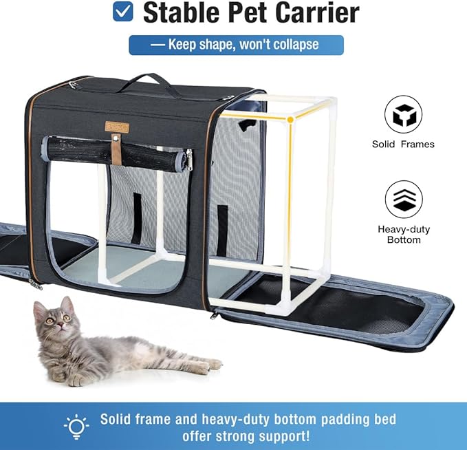 Lekereise 2-in-1 Cat Travel Carrier with Litter Box, (17.7" x2) x16.5"x13" Large Cat Carrier with Zipper Locks for Moving Across The Country (No Hammock) - Black