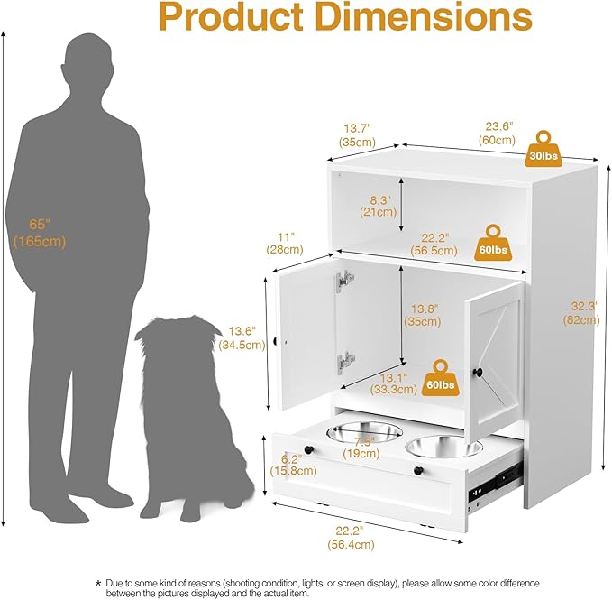 Giluta 32" High Dog Feeding Station with 2 Elevated Bowls, Pet Organizers and Storage Cabinet with 3 Hangers, Pet Feeder Station, Hidden Pet Storage Cabinet for Cats and Dogs