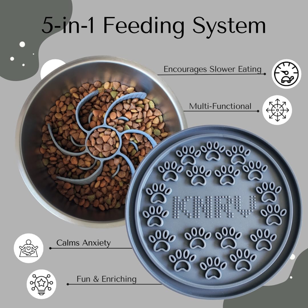 Stainless Steel Slow Feeder Dog Bowl for Large Dogs | 64 oz, Non-Slip Base with Textured Lick Mat Lid & Silicone Slow Feeder Insert – Deep Anti-Gulp Metal Puzzle Bowl for Large Breeds (Steel Gray)