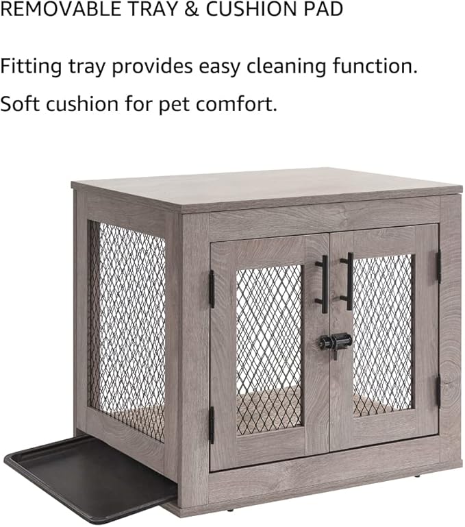 unipaws 25.5 Inch Dog Crate Furniture, Wooden Dog Kennel for Small Breed, Indoor Wood Dog Cage, Inside Side End Table Crate with Tray and Dog Bed for Puppy, Cats, Min Pigs, Rabbit, Up to 25 lbs