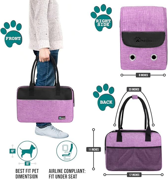 PetAmi Dog Purse Carrier for Small Dogs, Airline Approved Soft Sided Pet Carrier with Pockets, Ventilated Dog Carrying Bag for Puppy Cat, Dog Travel Supplies Bag, Sherpa Bed, Max 12 lbs, Purple